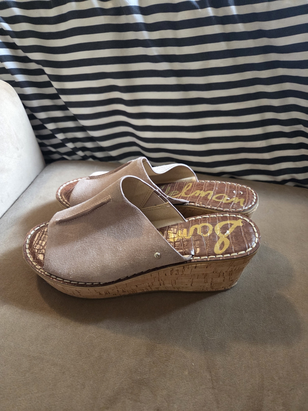 Sam Edelman Taupe Suede Cork Wedge Slide Sandals